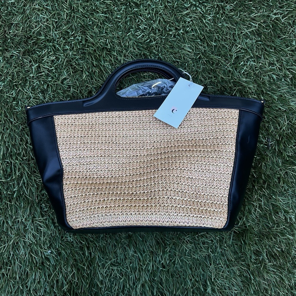 Melie Bianco Straw + Vegan Leather Tote Bag, Black Trim, NWT
